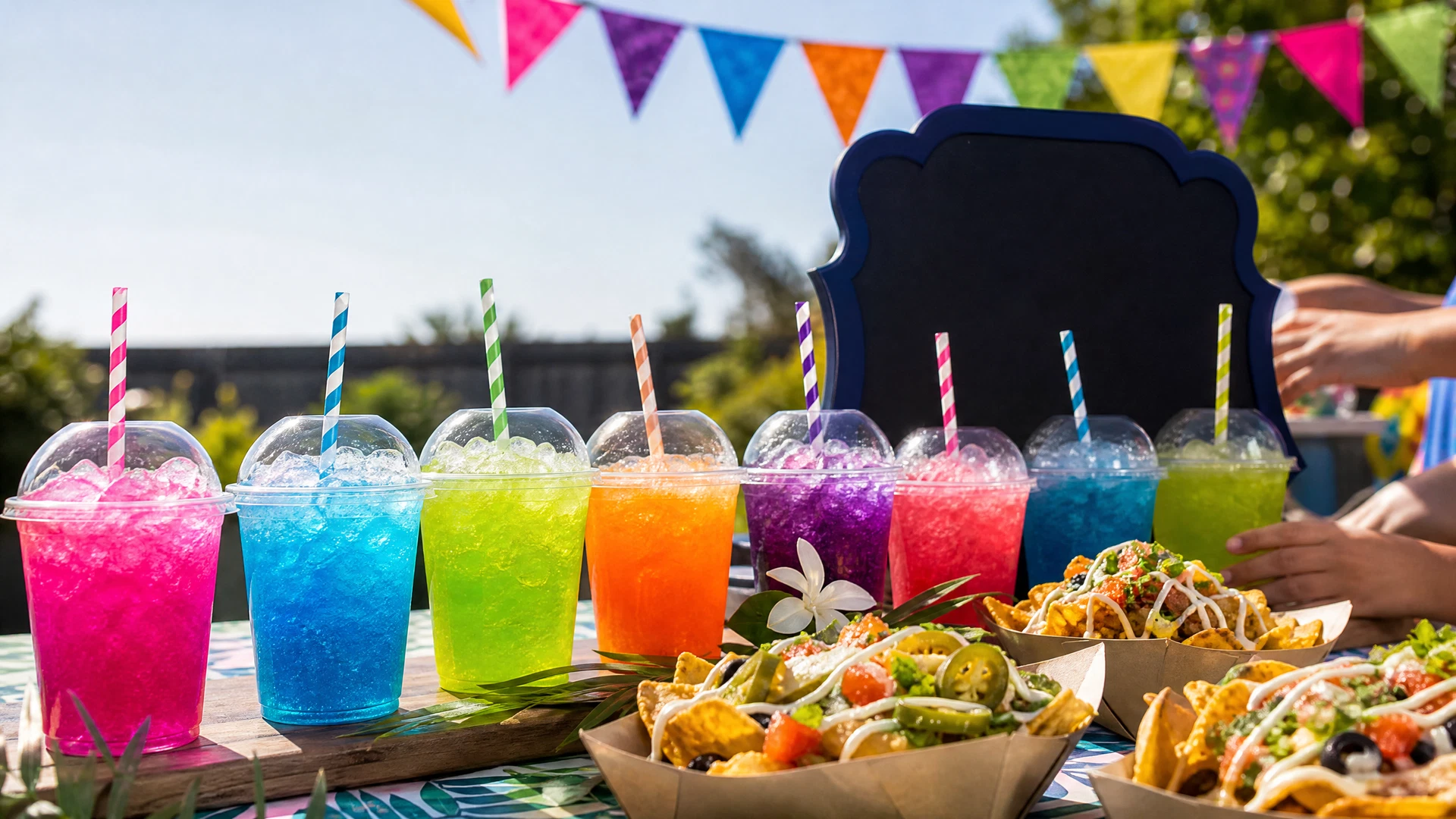 A bright outdoor birthday table with colourful TripL3SHA drinks and walking nachos