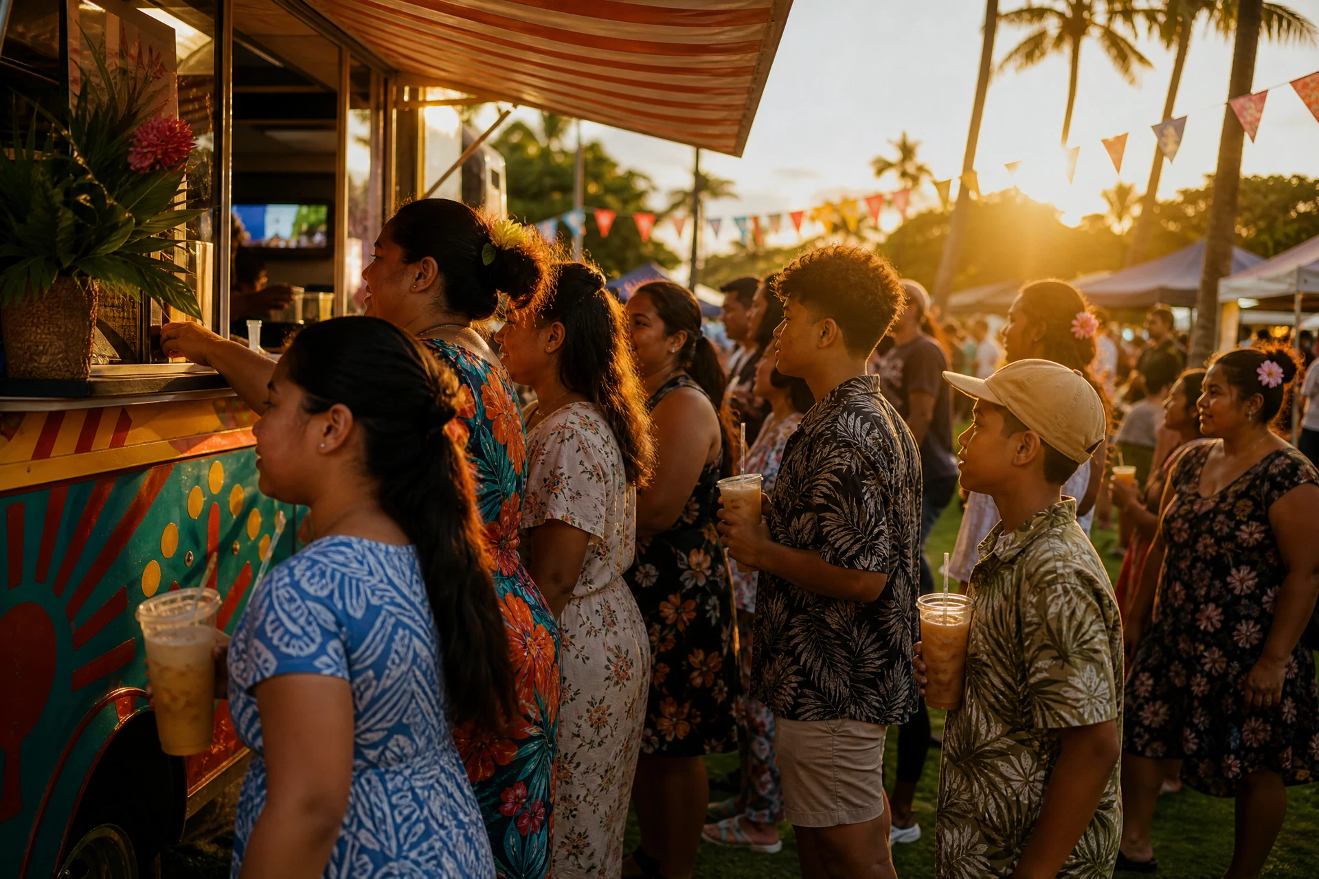 Families queuing at the TripL3SHA trailer at a festival at golden hour