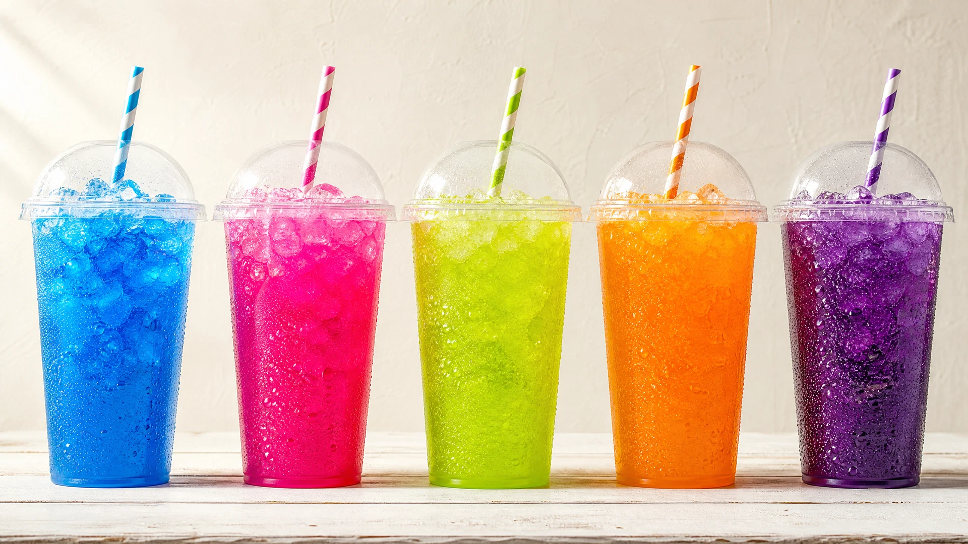 A row of five brightly coloured TripL3SHA sweet sodas on a counter